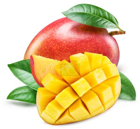 Foto de Frutas de mango con hoja verde y mango cortado en estilo erizo aislado sobre fondo blanco. - Imagen libre de derechos