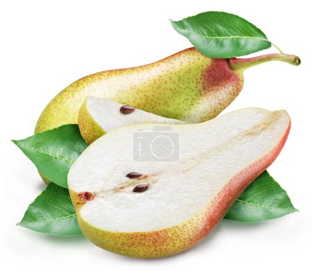 Foto de Frutos de peras maduras con hojas y rodajas de peras aisladas sobre fondo blanco. - Imagen libre de derechos