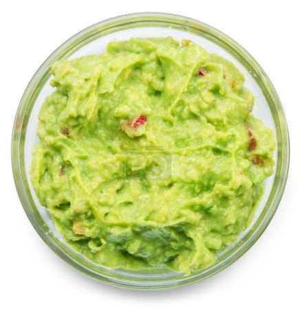 Photo for Glass bowl of guacamole on white background. Top view. File contains clipping path. - Royalty Free Image