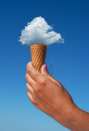 Photo for Cloud in shape of ice cream as if it placed in the cone of ice cream. Creative summer concept. - Royalty Free Image