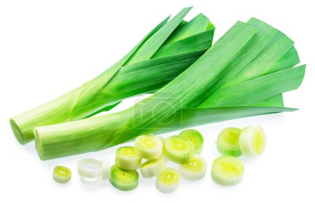 Photo for Fresh green leek stems and leek slices isolated on white background. File contains clipping paths. - Royalty Free Image