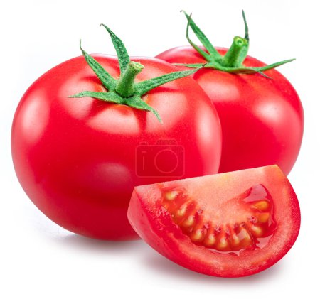 Rote Tomaten und Tomatenscheibe isoliert auf weißem Hintergrund.
