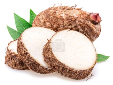 Eddoe or taro tubers and its slices isolated on white background.