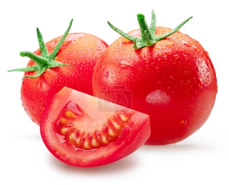 Foto de Tomates rojos recién lavados cubiertos con gotas de agua sobre fondo blanco. Ruta de recorte. - Imagen libre de derechos