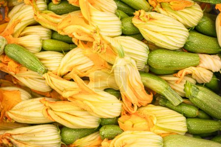 Téléchargez les photos : Fleurs de courgettes et de courgettes en gros plan sur le stand du marché agricole. Contexte alimentaire. - en image libre de droit