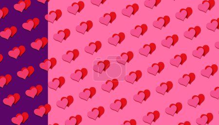 Foto de Hermoso fondo para el Día de San Valentín. Hay muchos corazones pareados de color rosa y rojo sobre un fondo de color rosa púrpura. - Imagen libre de derechos