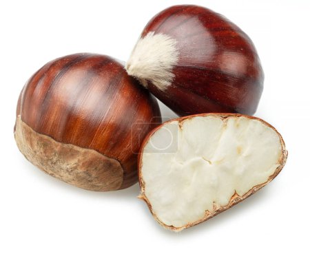 Photo for Edible sweet chestnuts with cut chestnut isolated on white background. Great food background for your projects. - Royalty Free Image