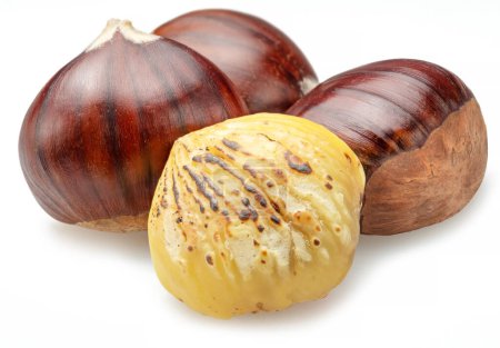 Photo for Edible sweet chestnuts with roasted chestnuts isolated on white background. Great food background for your projects. - Royalty Free Image