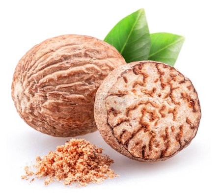 Photo for Nutmeg and ground nutmeg heap isolated on white background. - Royalty Free Image