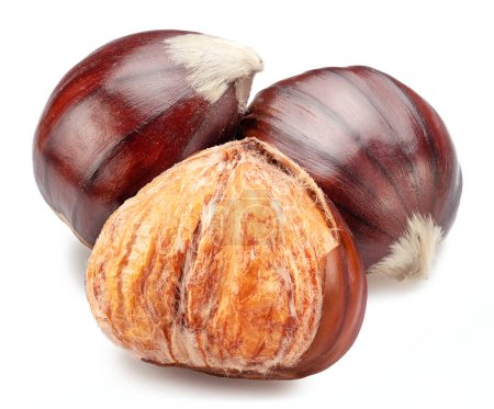 Photo for Edible sweet chestnuts with roasted chestnuts isolated on white background. Great food background for your projects. - Royalty Free Image