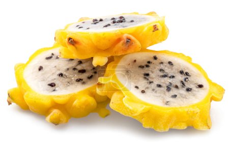 Photo for Three dragon fruit slices with white flesh and crunchy black seeds isolated on white background. - Royalty Free Image