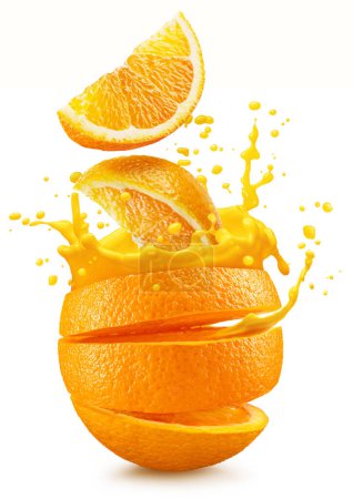 Photo for Sliced orange fruit splashing around orange juice on the white background. - Royalty Free Image