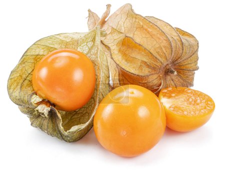 Photo for Ripe physalis or golden berry fruits in calyx isolated on white background. - Royalty Free Image