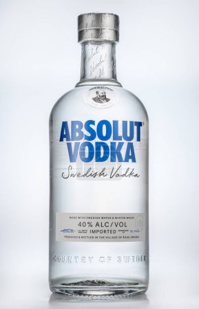 Photo for Portugal, Lisbon, December, 21, 2023: Bottle of Swedish vodka Absolut, isolated on a white background. Vodka Absolut - one of the most popular brands of vodka in the world, produced since 1879 in southern Sweden. - Royalty Free Image