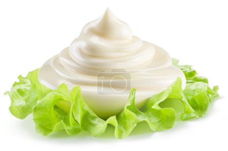 Photo for Handful of mayonnaise over lettuce green leaf on white background. - Royalty Free Image