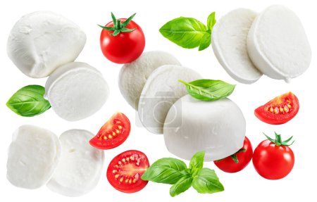 Photo for Buffalo mozzarella with slices, basil leaves and tomatoes cherry isolated on a white background. Traditional Mediterranean food. - Royalty Free Image