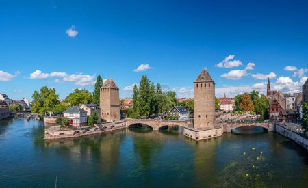 Photo for Panoramic view on The Ponts Couverts in Strasbourg with blue cloudy sky. France. - Royalty Free Image