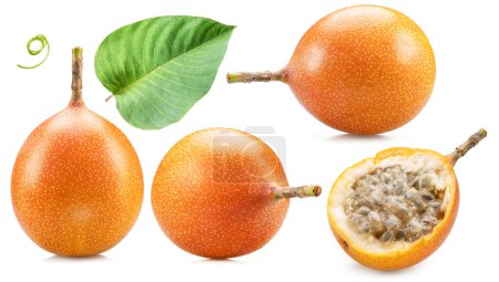 Set of granadilla fruit, leaves and  cross cuts of granadilla isolated on white background.