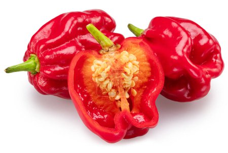 Red habanero pepper and habanero cross section on white background. File contains clipping path.