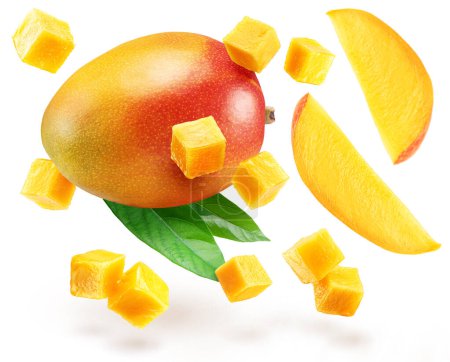 Téléchargez les photos : Mangues et tranches de mangue lévitant dans l'air sur fond blanc. Fichier contient des chemins de coupe. - en image libre de droit