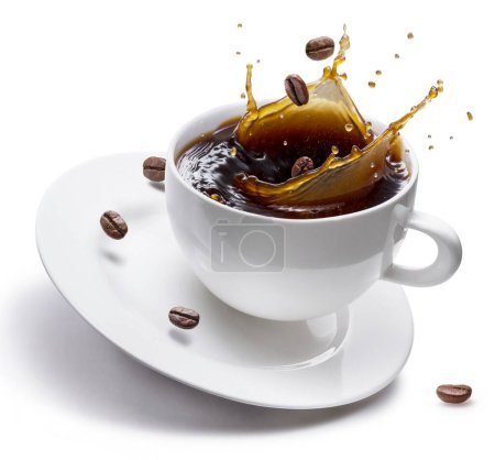 Photo for Coffee drink and coffee beans splashing from cup of coffee isolated on white background. Conceptual coffee drink image. - Royalty Free Image
