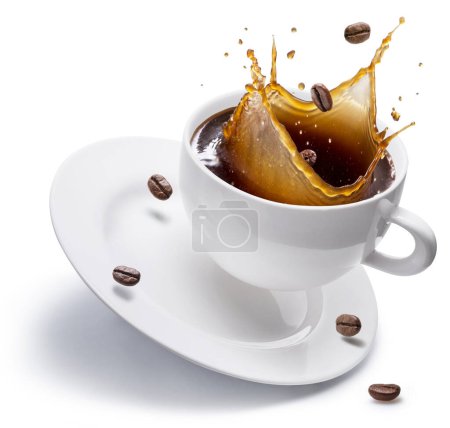 Photo for Coffee drink and coffee beans splashing from cup of coffee isolated on white background. Conceptual coffee drink image. - Royalty Free Image