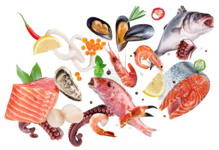 Foto de Marisco fresco, pescado y condimentos que levitan sobre fondo blanco. El archivo contiene ruta de recorte. - Imagen libre de derechos
