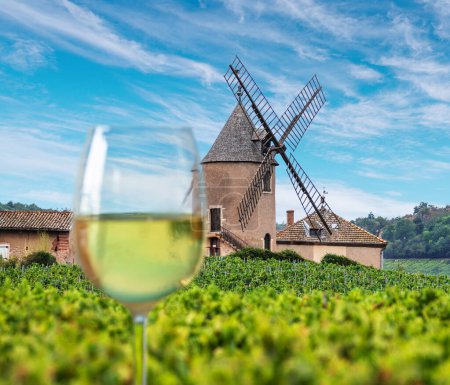 Foto de El molino de viento epónimo de famoso vino tinto francés situado cerca de Romaneche-Thorins. - Imagen libre de derechos