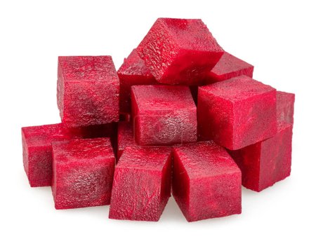 Raw red beetroot cubes isolated on white background. 