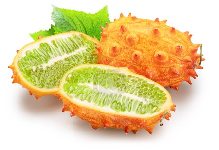Photo for Kiwano fruit with  leaves and kiwano slices on white background.  File contains clipping path. - Royalty Free Image