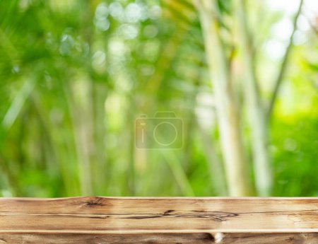 Téléchargez les photos : Empty wooden board or table top and blurred green bamboo culms. Place for your product display. - en image libre de droit