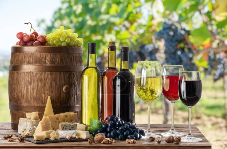 Téléchargez les photos : La nature morte du vin. Bouteilles de vin, verres de vin et raisins sur table en bois et vignoble flou à l'arrière-plan. - en image libre de droit