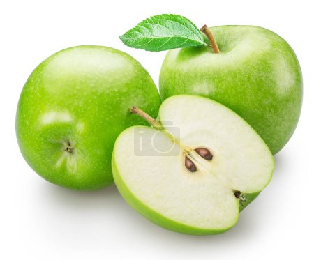 Foto de Dos manzanas verdes con hoja y la mitad de manzana verde sobre fondo blanco. El archivo contiene ruta de recorte. - Imagen libre de derechos