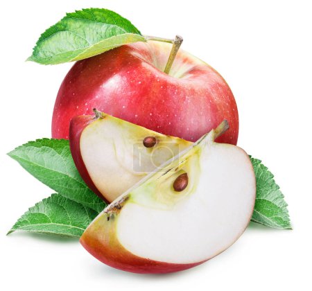 Red apple with leaves and red apple pieces on white background. File contains clipping path.