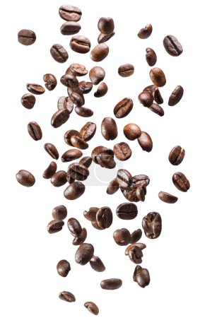 Foto de Granos de café cayendo sobre fondo blanco. El archivo contiene rutas de recorte. - Imagen libre de derechos