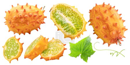 Collection of kiwano fruit with kiwano slices isolated on white background.  Clipping paths.