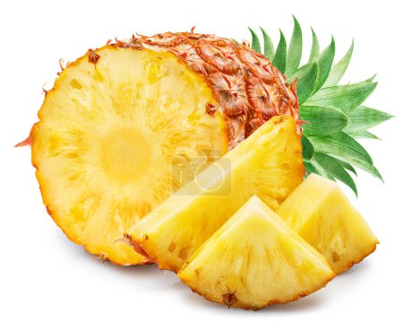 Photo for Ripe pineapple  and pineapple slices isolated on white background. File contains clipping path. - Royalty Free Image