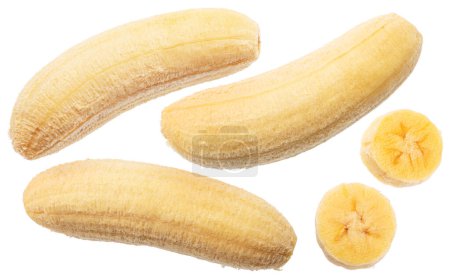 Collection of peeled baby banana and banana slices on white background. File contains clipping paths.