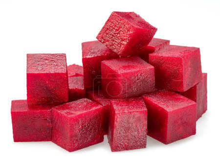 Raw red beetroot cubes isolated on white background. 