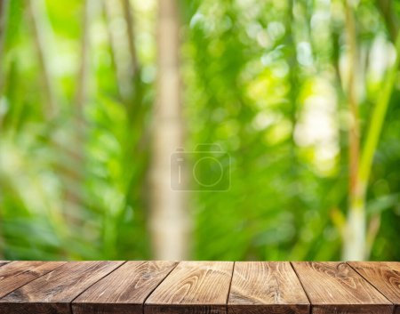 Empty wooden board or table top and blurred green bamboo culms. Place for your product display. 