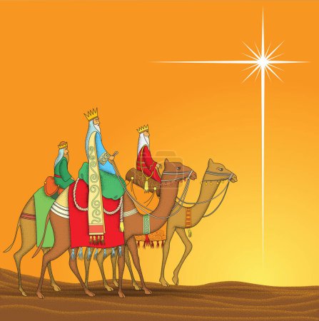 Illustration for The three Wise Men follow the star to find the baby Jesus, - Royalty Free Image