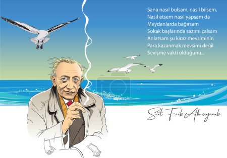 Illustration for Sait Faik Abasiyanik portrait. He was one of the greatest Turkish writers of short stories and poetry and considered an important literary figure of the 1940s. - Royalty Free Image