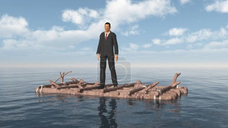 Téléchargez les photos : Homme d'affaires sur un radeau en pleine mer - en image libre de droit