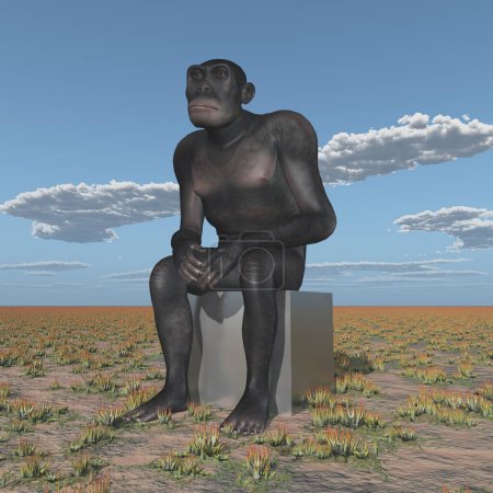 Foto de Homo habilis sentado en un paisaje - Imagen libre de derechos
