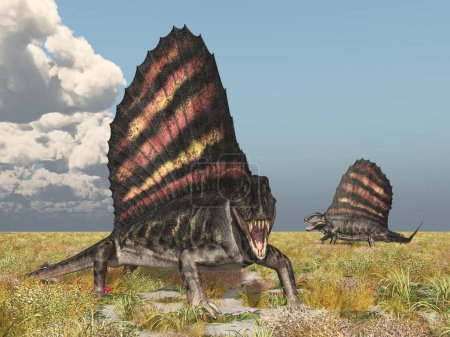 Téléchargez les photos : Pelycosaur Dimetrodon dans un paysage - en image libre de droit