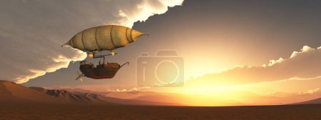 Fantasie-Luftschiff über einer Landschaft bei Sonnenuntergang
