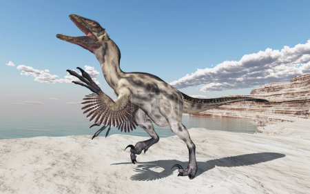 Dinosaur Deinonychus in a coastal landscape