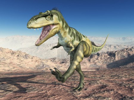 Téléchargez les photos : Dinosaure Bistahieversor dans les montagnes - en image libre de droit