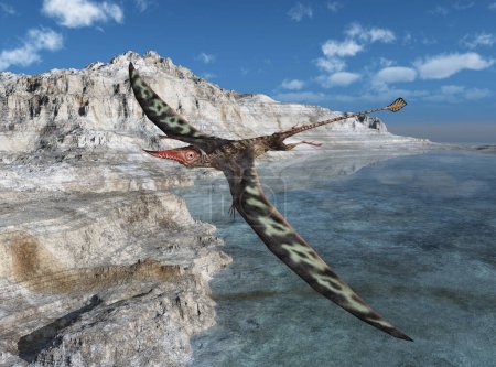 Pterosaur Rhamphorhynchus over a coastal landscape