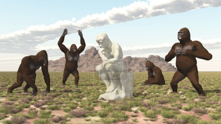 Téléchargez les photos : Gorilles avec sculpture de penseur - en image libre de droit